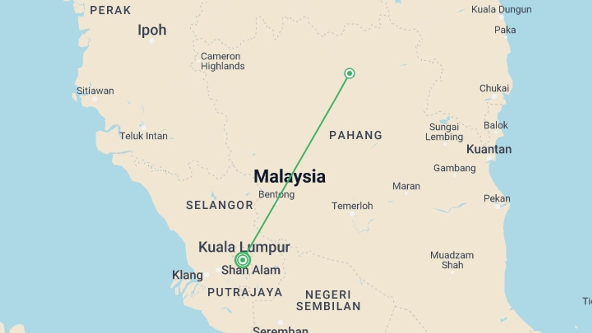 A map showing the tour itinerary for the trip: Taman Negara from Kuala Lumpur in 3 days, starting in Kuala Lumpur, Malaysia and ending in Kuala Lumpur, Malaysia going through 1 other destinations.