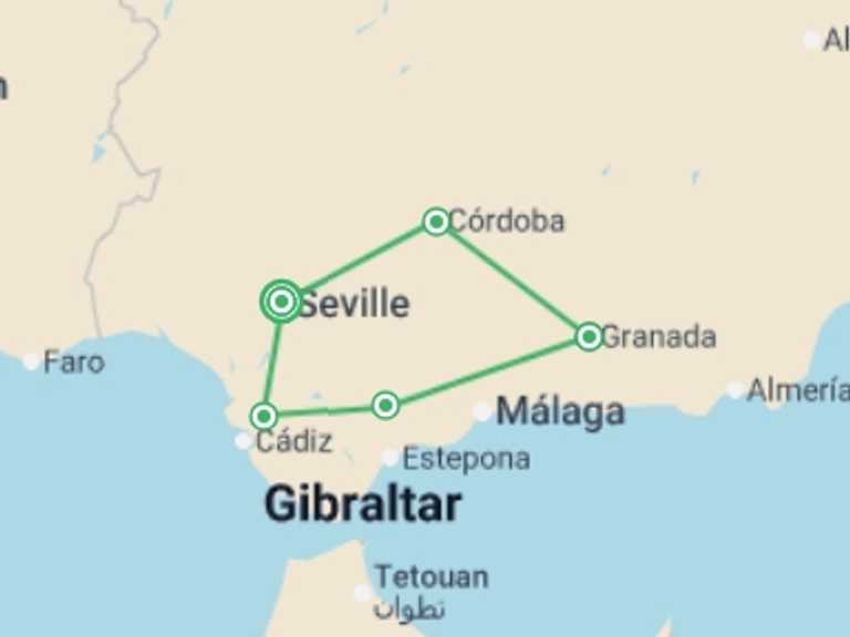 Map of Europe Self-drive or vehicle rental Tour with 5 destination visits for the trip: Down South, Self-drive