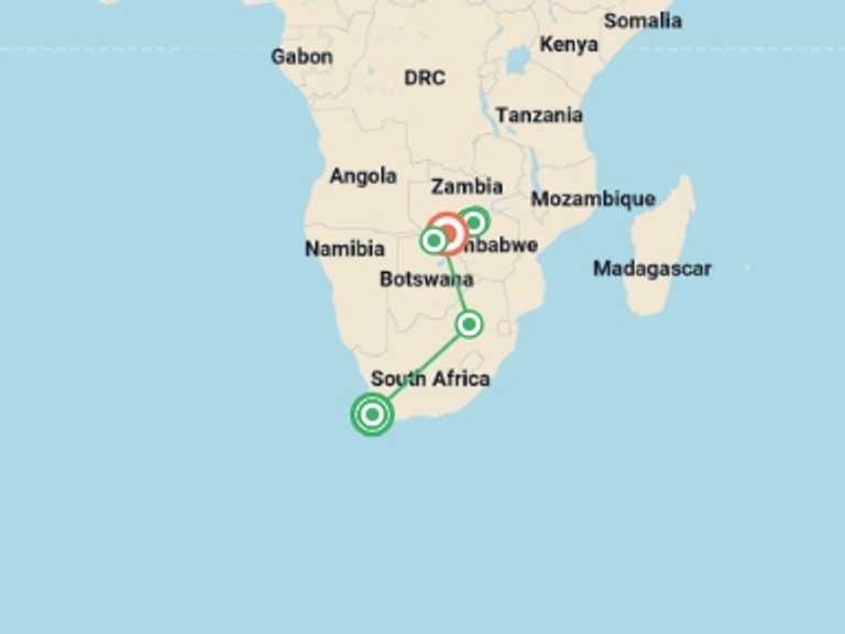 Map of Africa Tour with 10 destination visits for the trip: Safari Cruise along the Zambezi River - South Africa, Botswana, Namibia, Zimbabwe with extended stay at the Cape Peninsula (port-to-port cruise)