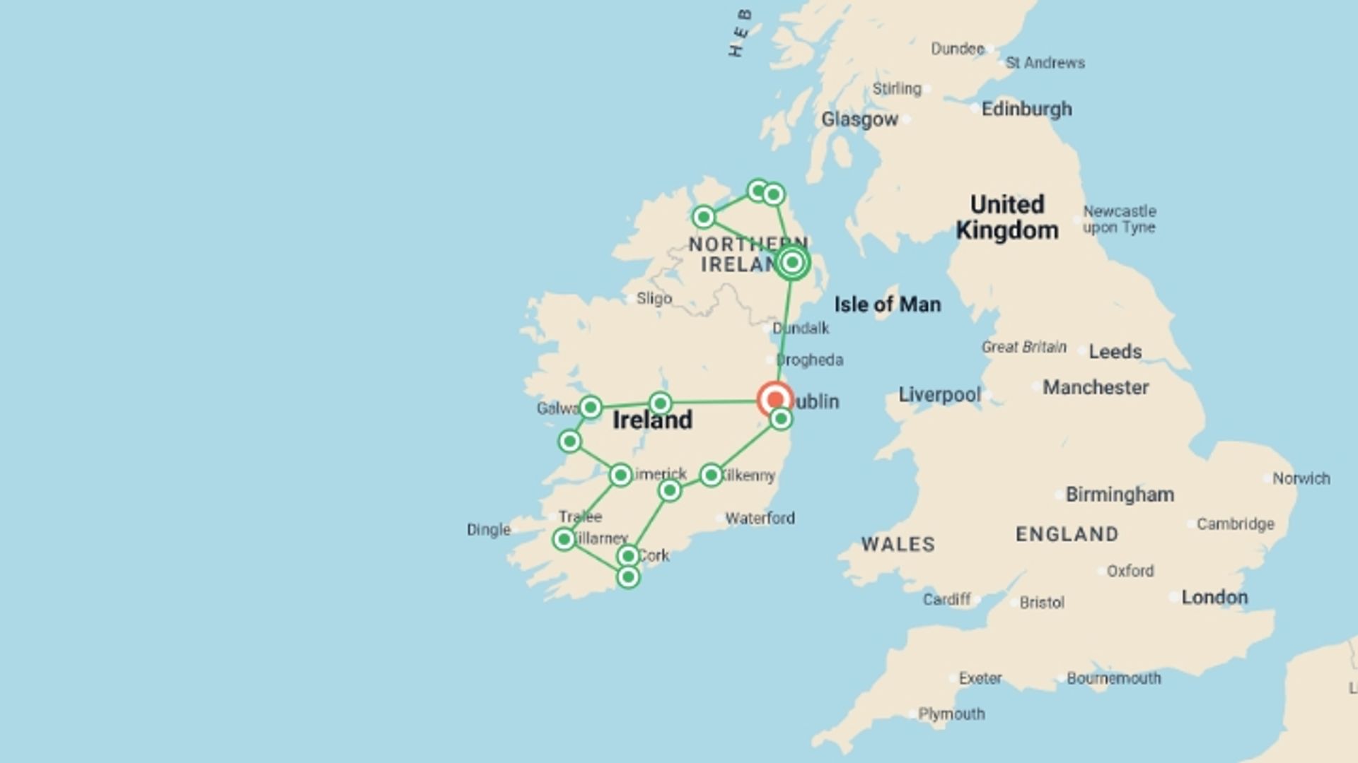 A map showing the tour itinerary for the trip: Emerald Isle Route, starting in Belfast, Ireland and ending in Dublin, Ireland going through 4 other destinations.