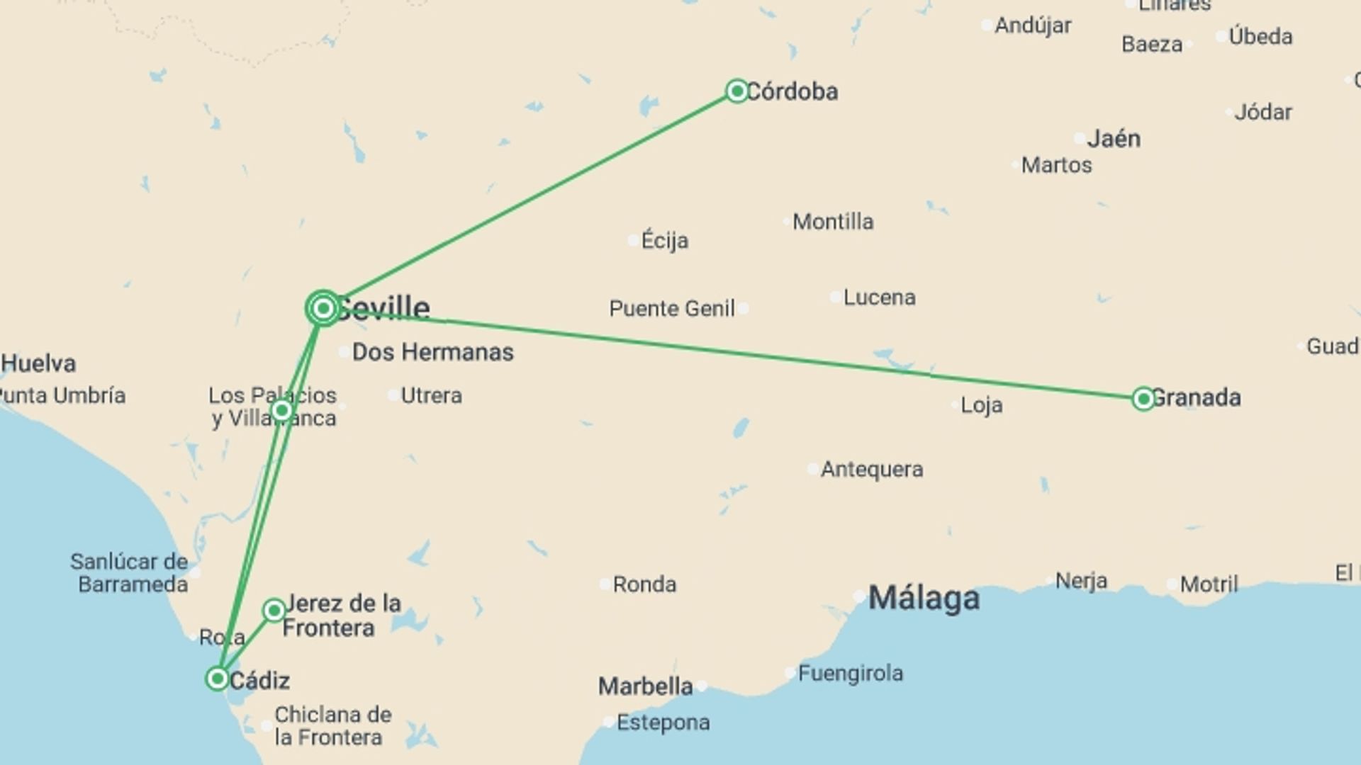A map showing the tour itinerary for the trip: Andalusia by Cruise: A Journey through Art and History (port-to-port cruise), starting in Seville, Spain and ending in Seville, Spain going through 1 other destinations.