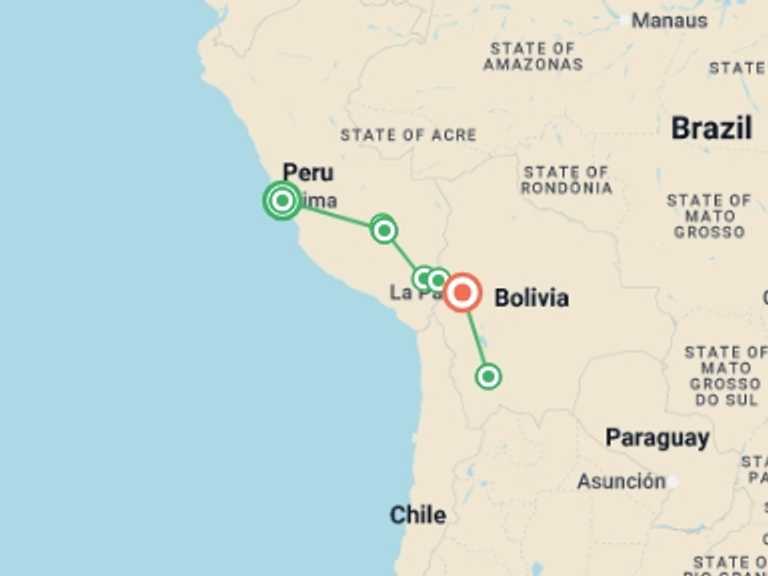 Map itinerary of South America Tour in November 2026 with 8 destination visits for the trip: Essential Peru And Bolivia