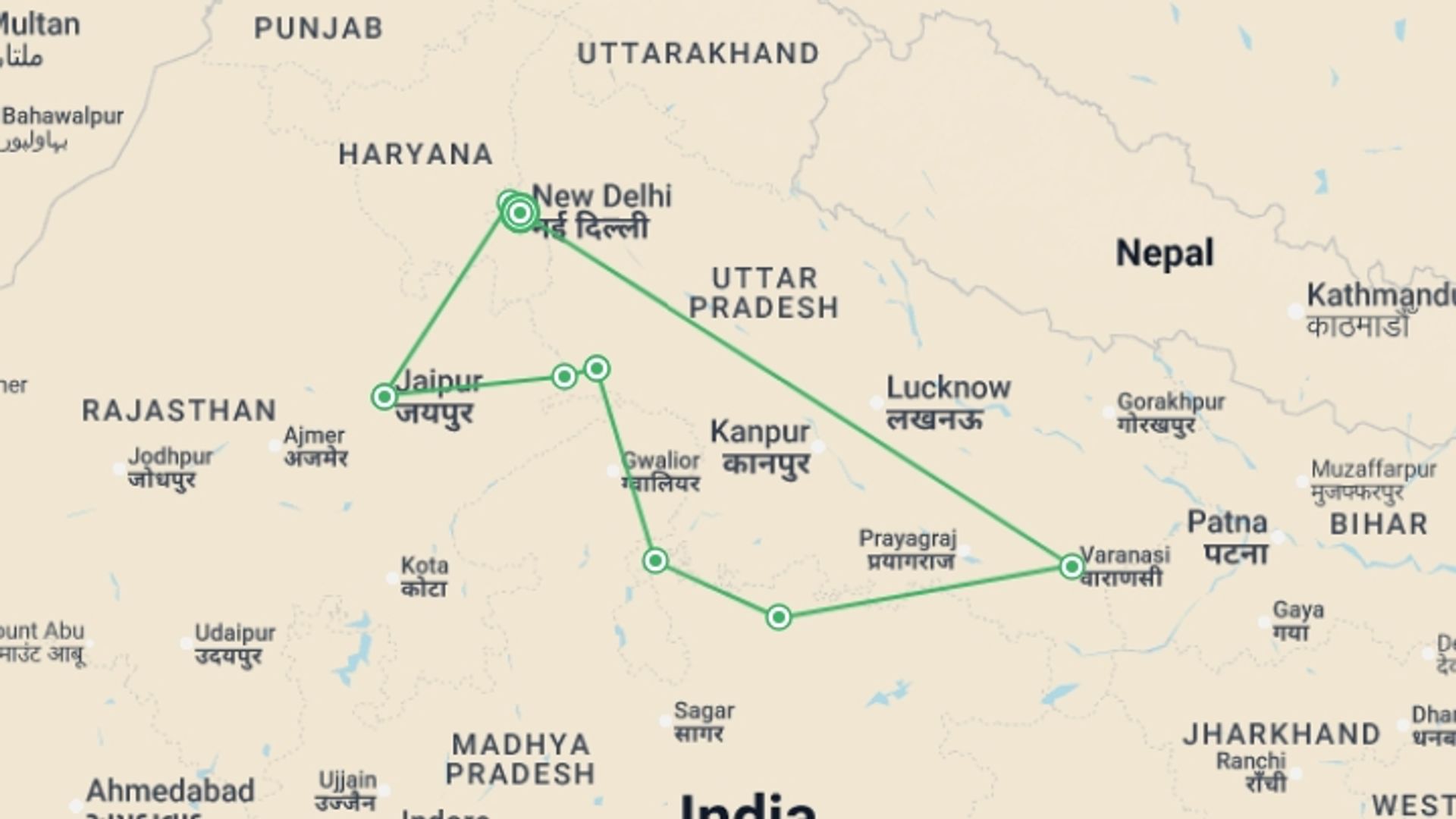 A map showing the tour itinerary for the trip: Classical North India, starting in New Delhi, India and ending in New Delhi, India going through 5 other destinations.