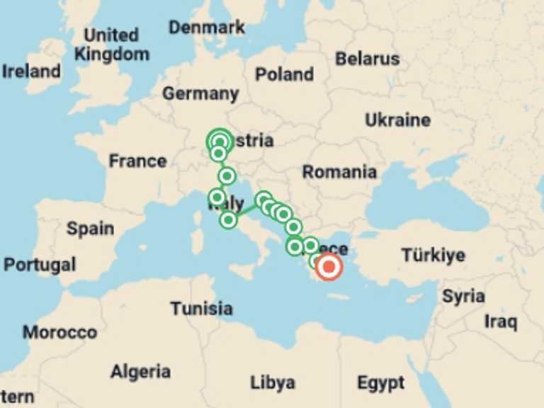 Map itinerary of Kotor Tour in August 2026 with 15 destination visits for the trip: Total Europe: Austria, the Mediterranean & Ancient Athens