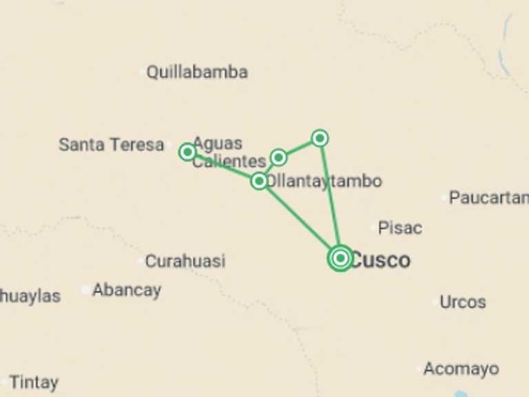 Map itinerary of Peru Tour in May 2027 with 5 destination visits for the trip: Lares Trek to Machu Picchu 4D/3N