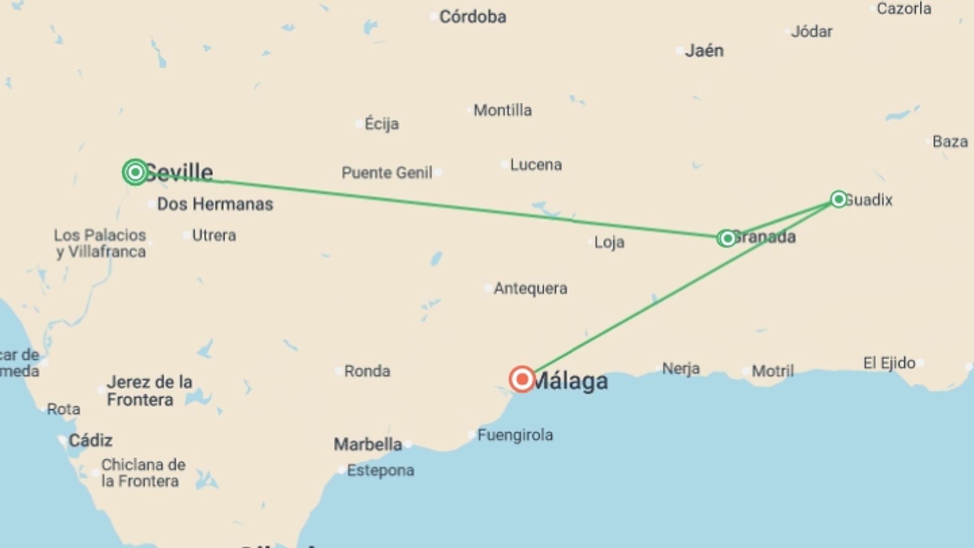 A map showing the tour itinerary for the trip: Highlights of Andalusia, starting in Seville, Spain and ending in Malaga, Spain going through 3 other destinations.