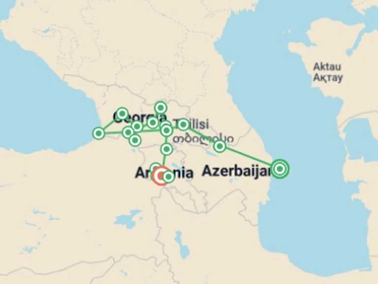 Map of Europe Wine tasting Tour with 14 destination visits for the trip: The Best of Azerbaijan, Georgia and Armenia
