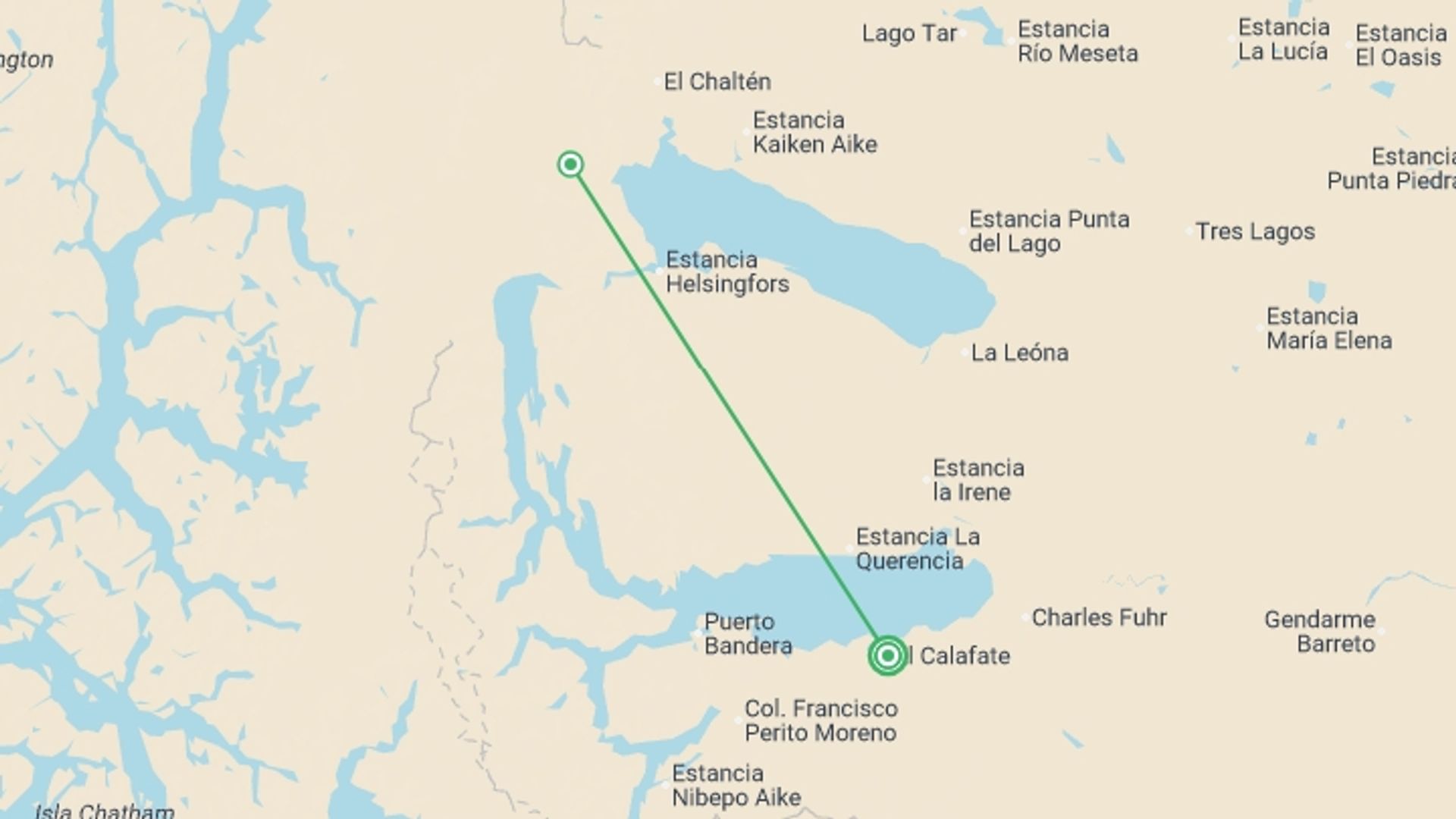 A map showing the tour itinerary for the trip: Argentina:  El Calafate Express - 4 Days, starting in El Calafate, Argentina and ending in El Calafate, Argentina going through 1 other destinations.
