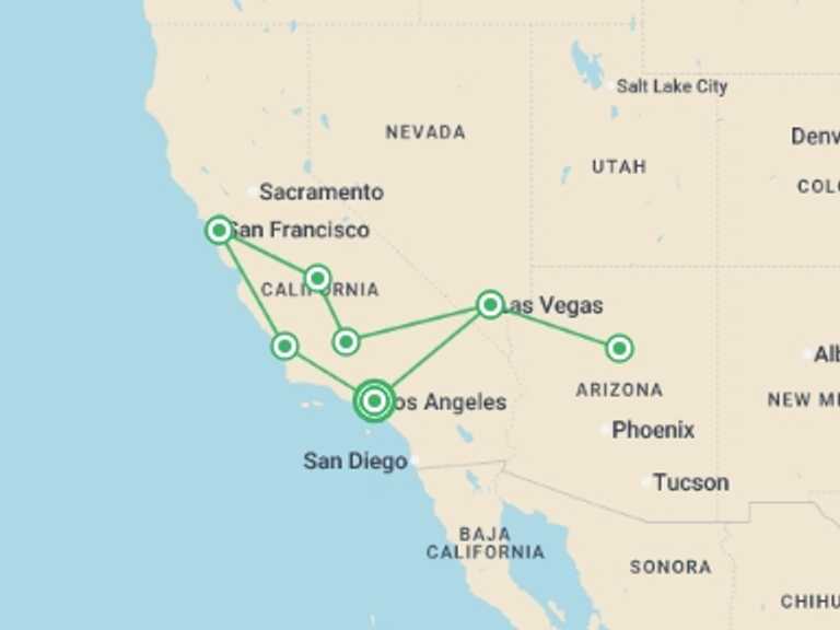 Map itinerary of USA Tour in August 2026 with 7 destination visits for the trip: Dreams of the West