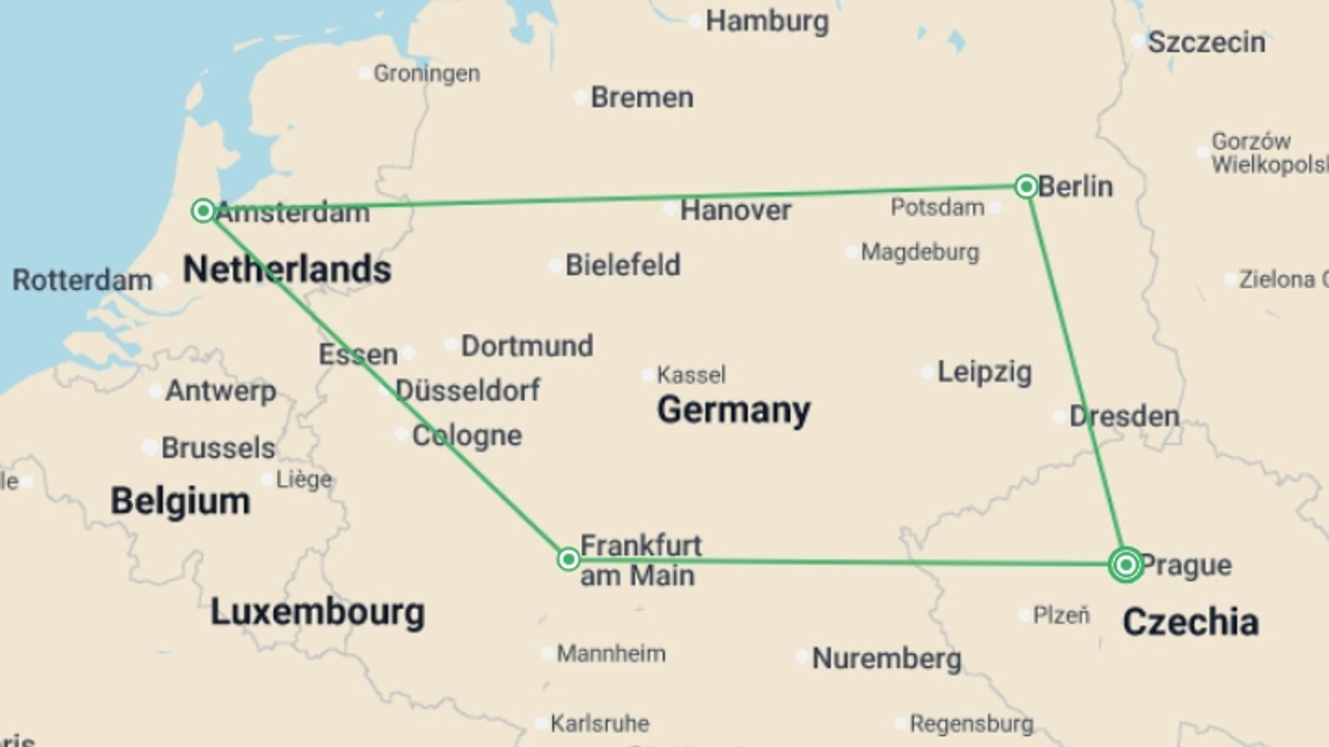 A map showing the tour itinerary for the trip: Prague and Germany ROT GO, starting in Prague, Czech Republic and ending in Prague, Czech Republic going through 3 other destinations.