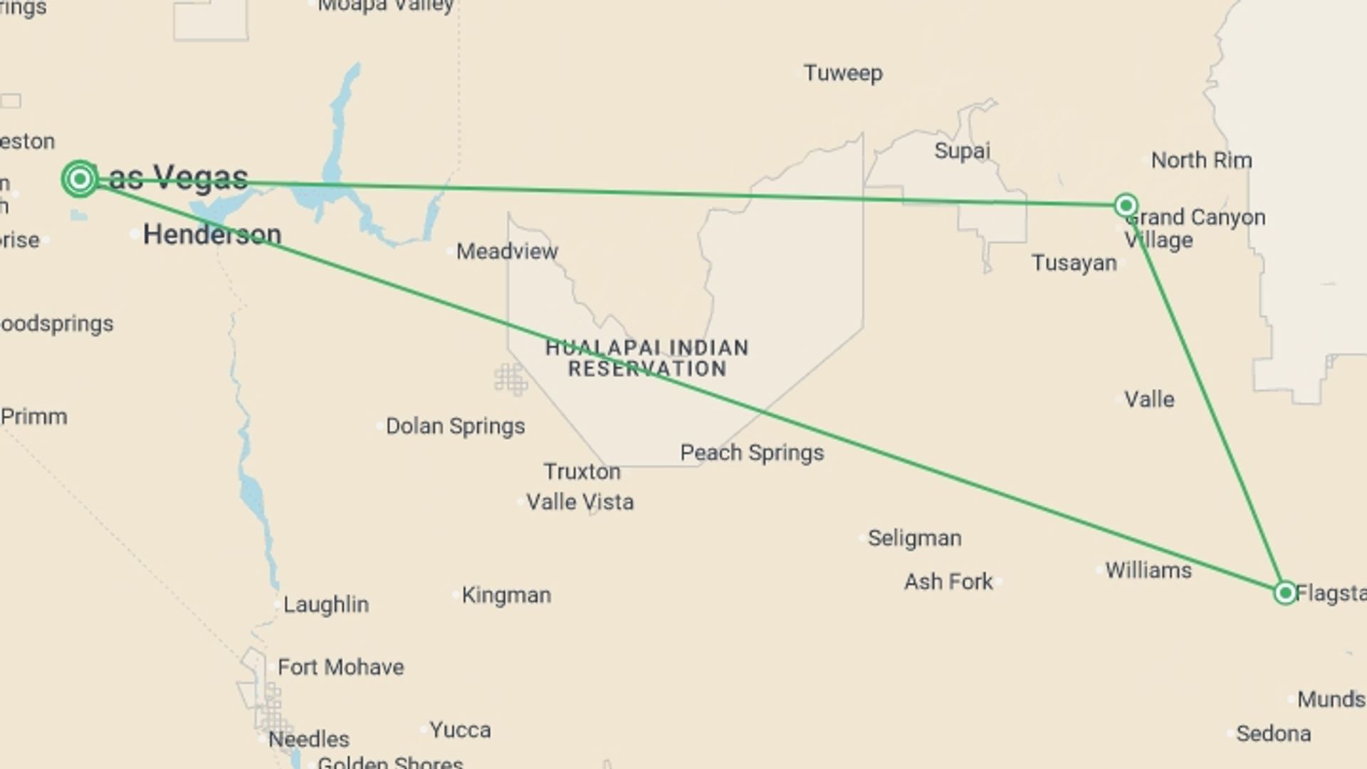 A map showing the tour itinerary for the trip: Special Las Vegas with Grand Canyon, starting in Las Vegas, USA and ending in Las Vegas, USA going through 1 other destinations.