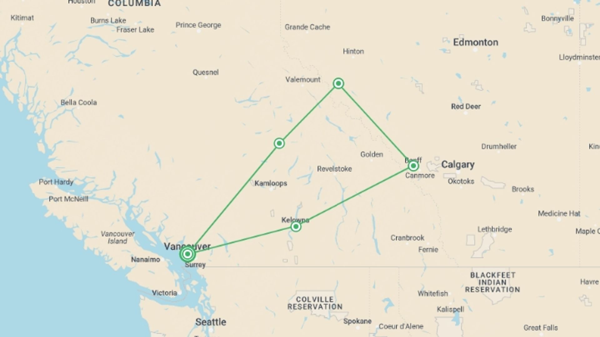 A map showing the tour itinerary for the trip: Icons of Western Canada from Vancouver, starting in Vancouver, Canada and ending in Vancouver, Canada going through 4 other destinations.