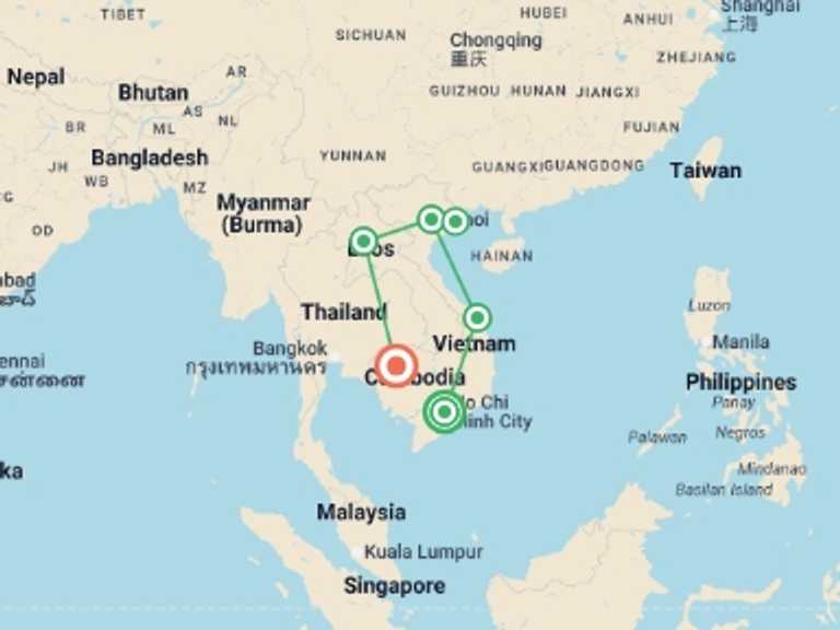 Map itinerary of Halong Bay Tour in February 2026 with 6 destination visits for the trip: Indochina Express From Saigon - 14 days