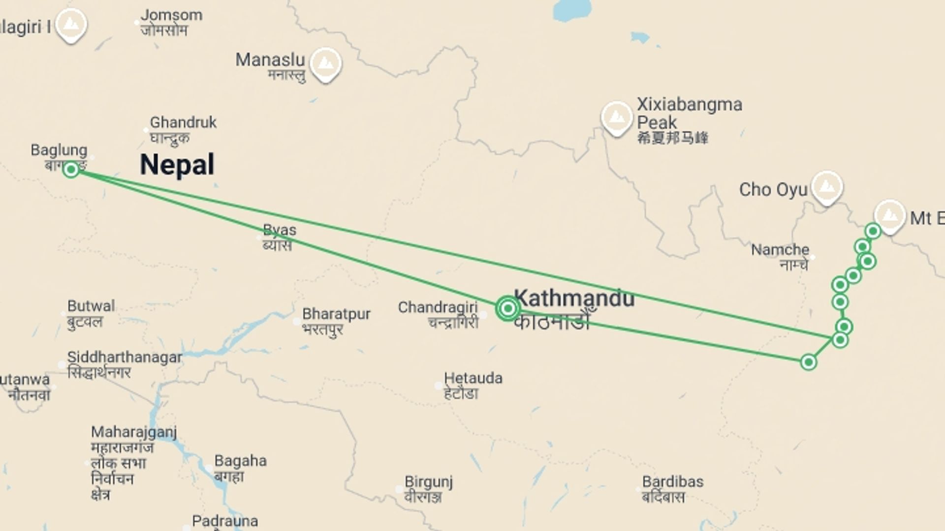 A map showing the tour itinerary for the trip: Everest Base Camp, starting in Kathmandu, Nepal and ending in Kathmandu, Nepal going through 11 other destinations.