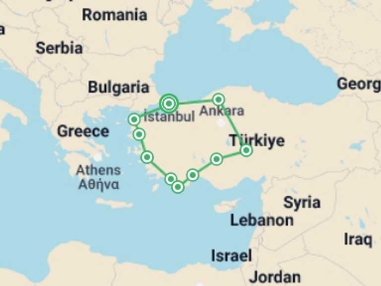 Map of 15-Day Europe Tour with 10 destination visits for the trip: Highlights of Turkey