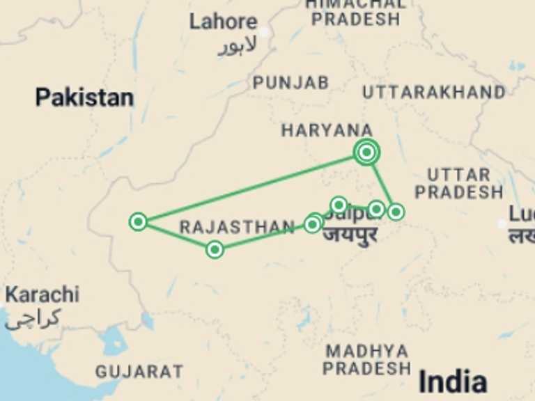 Map of Asia Bicycle Tour with 8 destination visits for the trip: North India Adventure