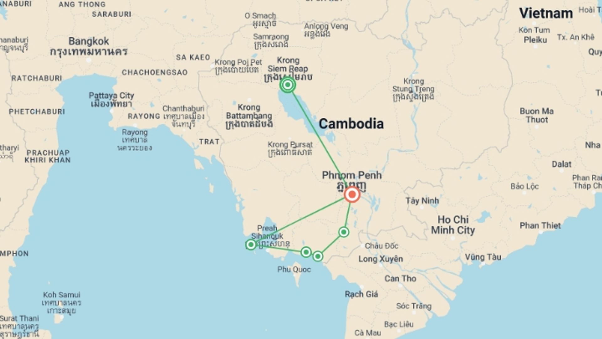A map showing the tour itinerary for the trip: Angkor to the Beach Premiere Bike Tour, starting in Siem Reap, Cambodia and ending in Phnom Penh, Cambodia going through 6 other destinations.