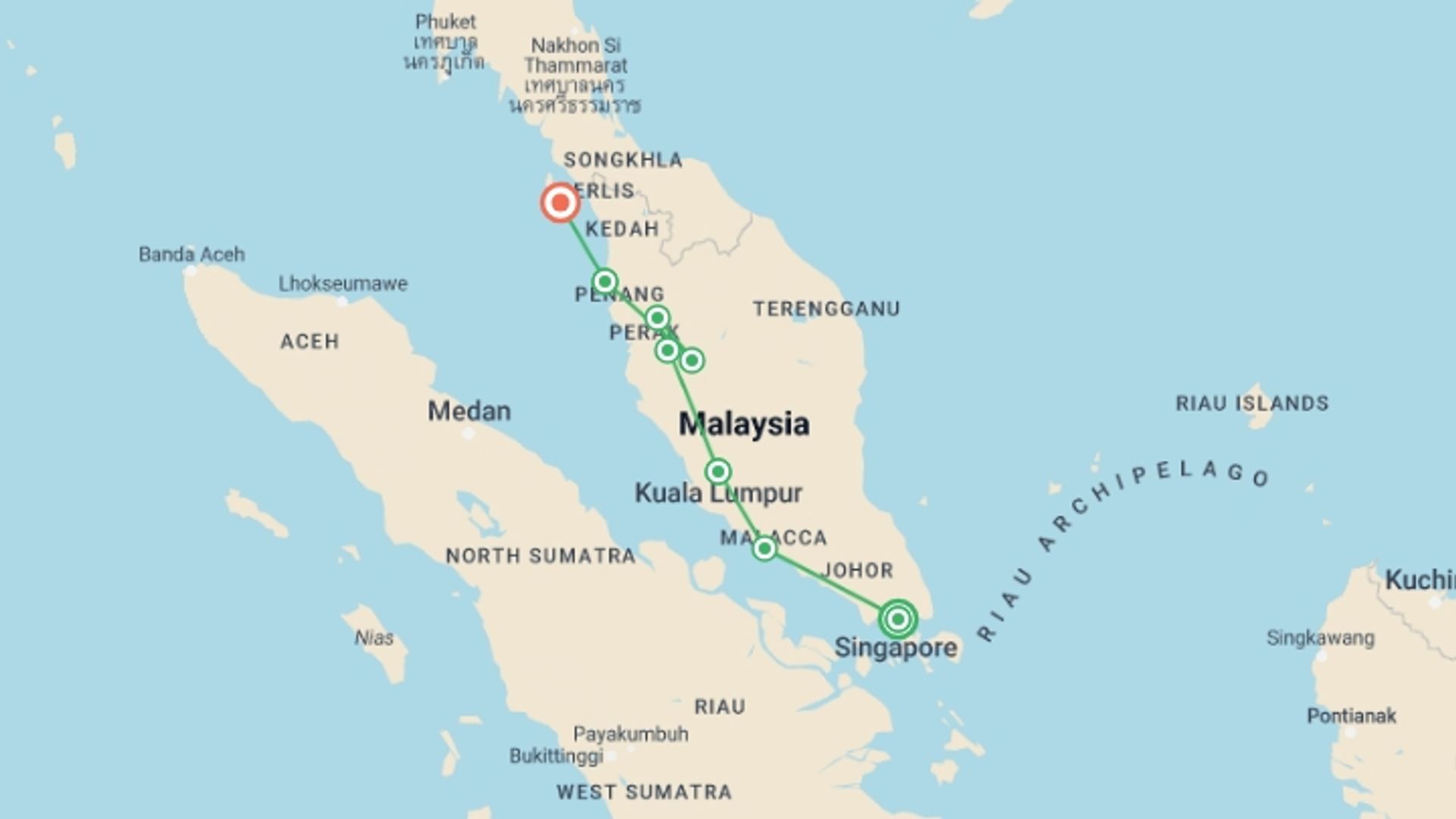 A map showing the tour itinerary for the trip: Malaysia and Singapore Explorer, starting in Singapore, Singapore and ending in Langkawi, Malaysia going through 5 other destinations.