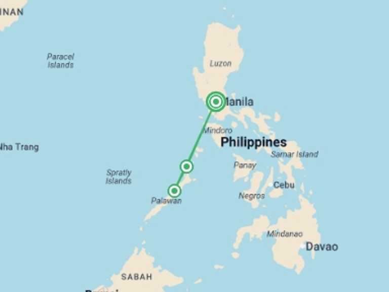 Map itinerary of Asia Tour in June 2026 with 3 destination visits for the trip: Best of Palawan & Manila - 8 days
