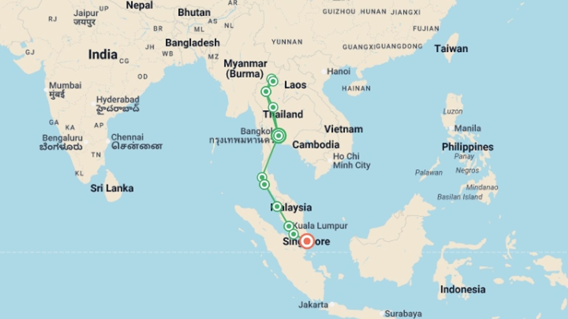 A map showing the tour itinerary for the trip: Epic Bangkok to Singapore, starting in Bangkok, Thailand and ending in Singapore, Singapore going through 9 other destinations.