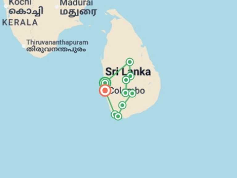 Map of Asia Tour with 10 destination visits for the trip: Walking in Sri Lanka