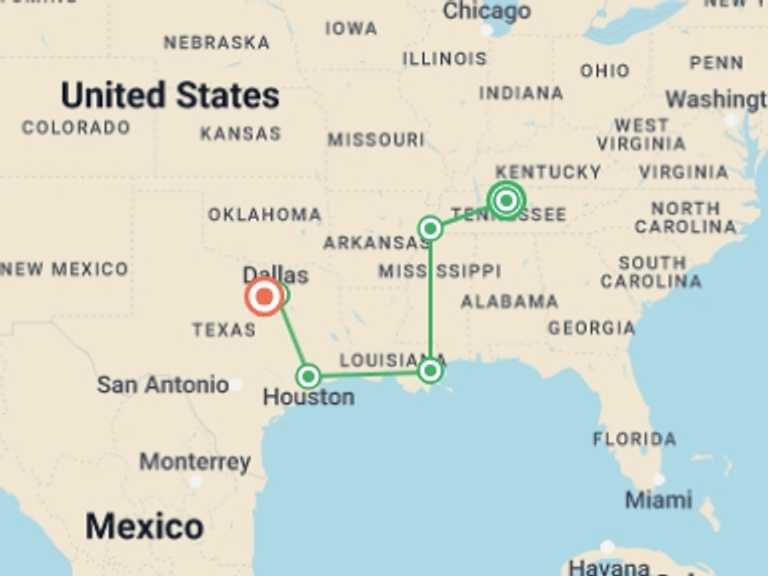 Map itinerary of USA Tour in July 2027 with 6 destination visits for the trip: USA: Nashville to Dallas Road Trip