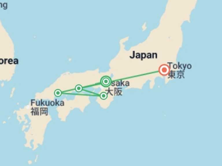Map itinerary of Asia Tour in October 2026 with 5 destination visits for the trip: Signature Japan | Through Temples & Time