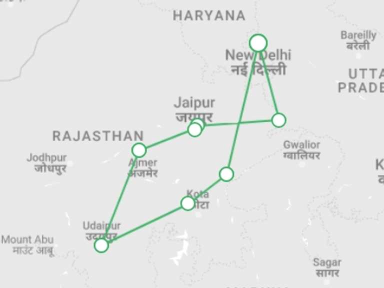 Map of 13-Day New Delhi Tour with 8 destination visits for the trip: Colours of Rajasthan - Pushkar Festival