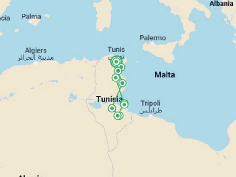 Map of Tunisia Tour with 4 destination visits for the trip: Berbers & Diars By 4-wheelers, Small Group Tour