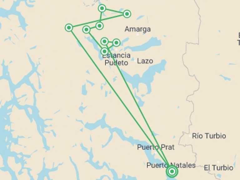 Map itinerary of Chile Tour in March 2026 with 10 destination visits for the trip: Torres del Paine O Circuit - TOP Trekking!
