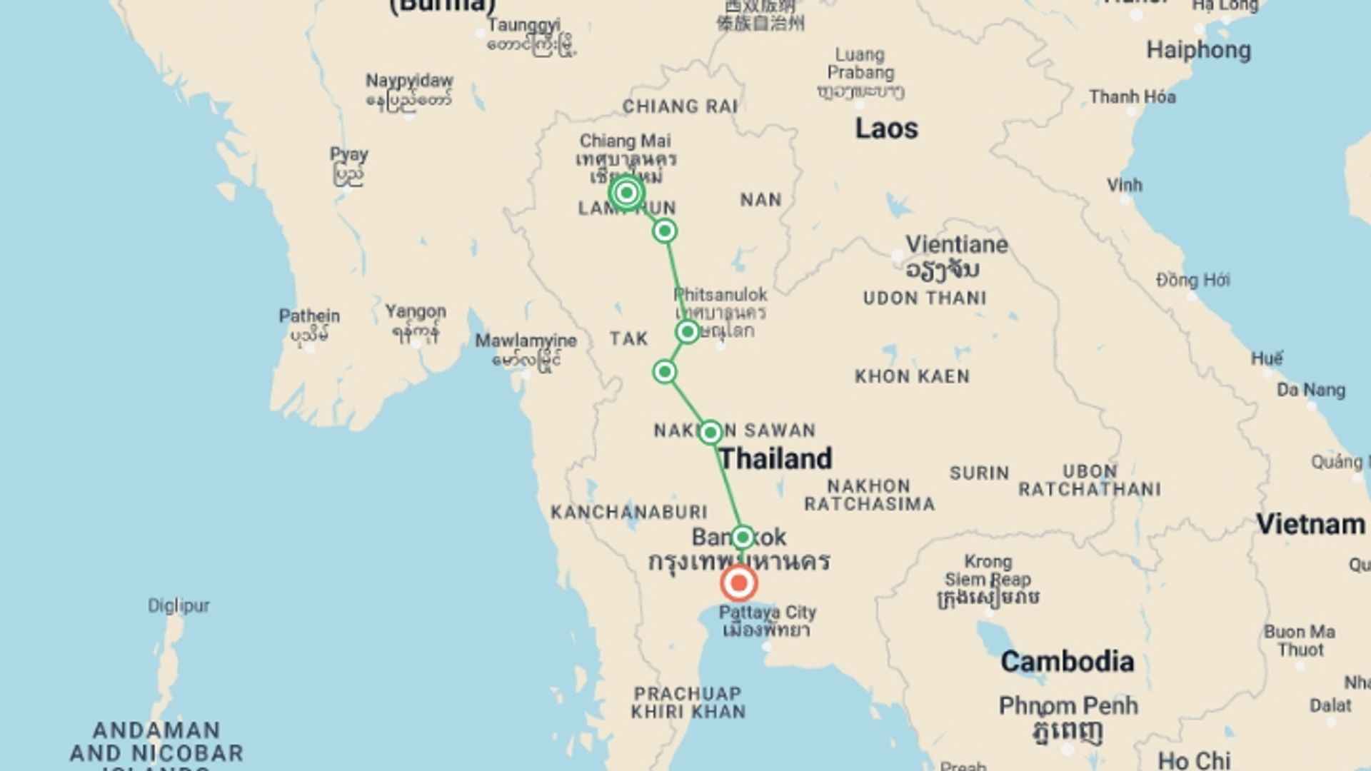 A map showing the tour itinerary for the trip: Road Cycling Chiang Mai to Bangkok, starting in Chiang Mai, Thailand and ending in Bangkok, Thailand going through 5 other destinations.