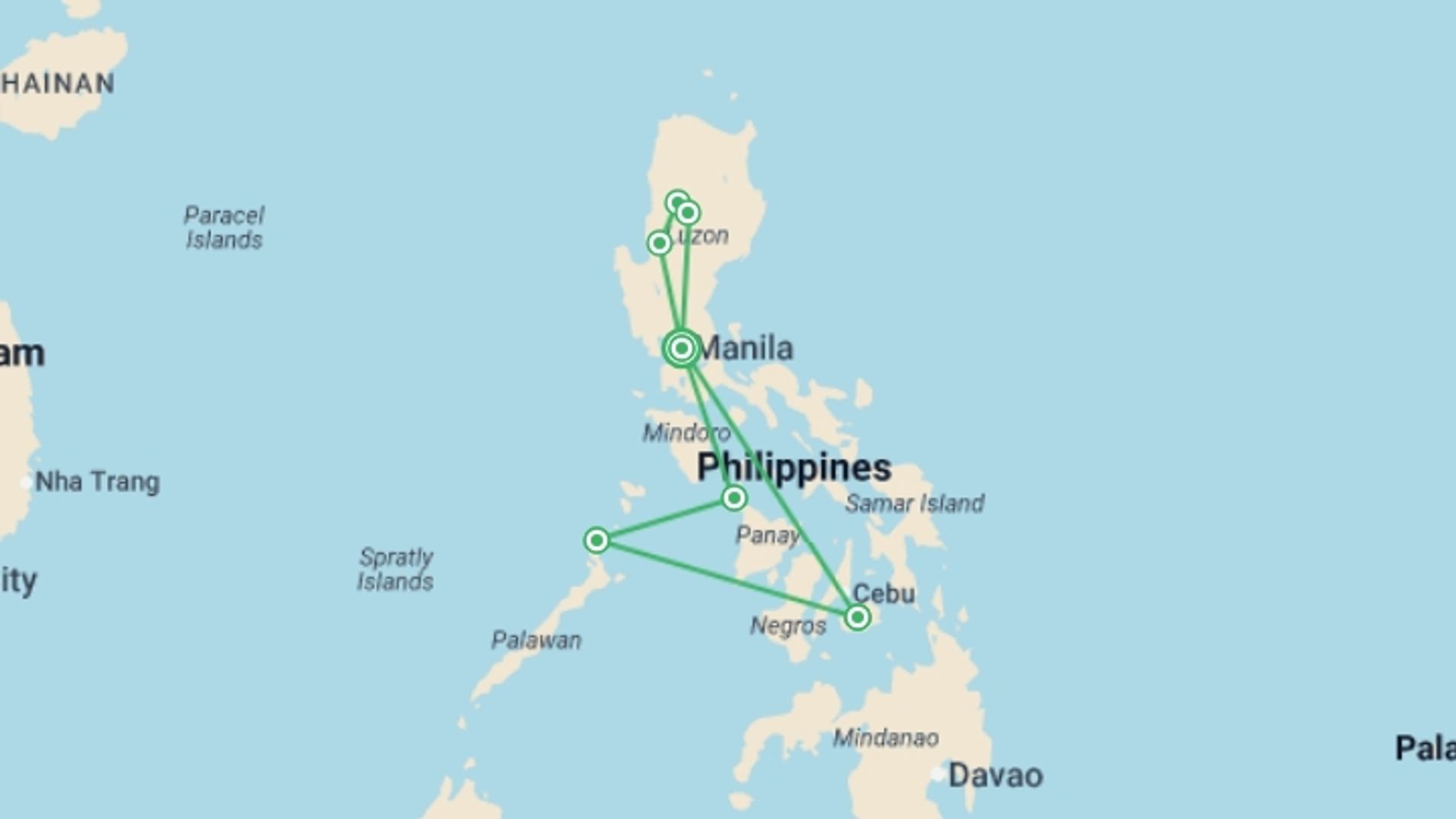 A map showing the tour itinerary for the trip: Best of the Philippines - 14 days, starting in Manila, Philippines and ending in Manila, Philippines going through 6 other destinations.
