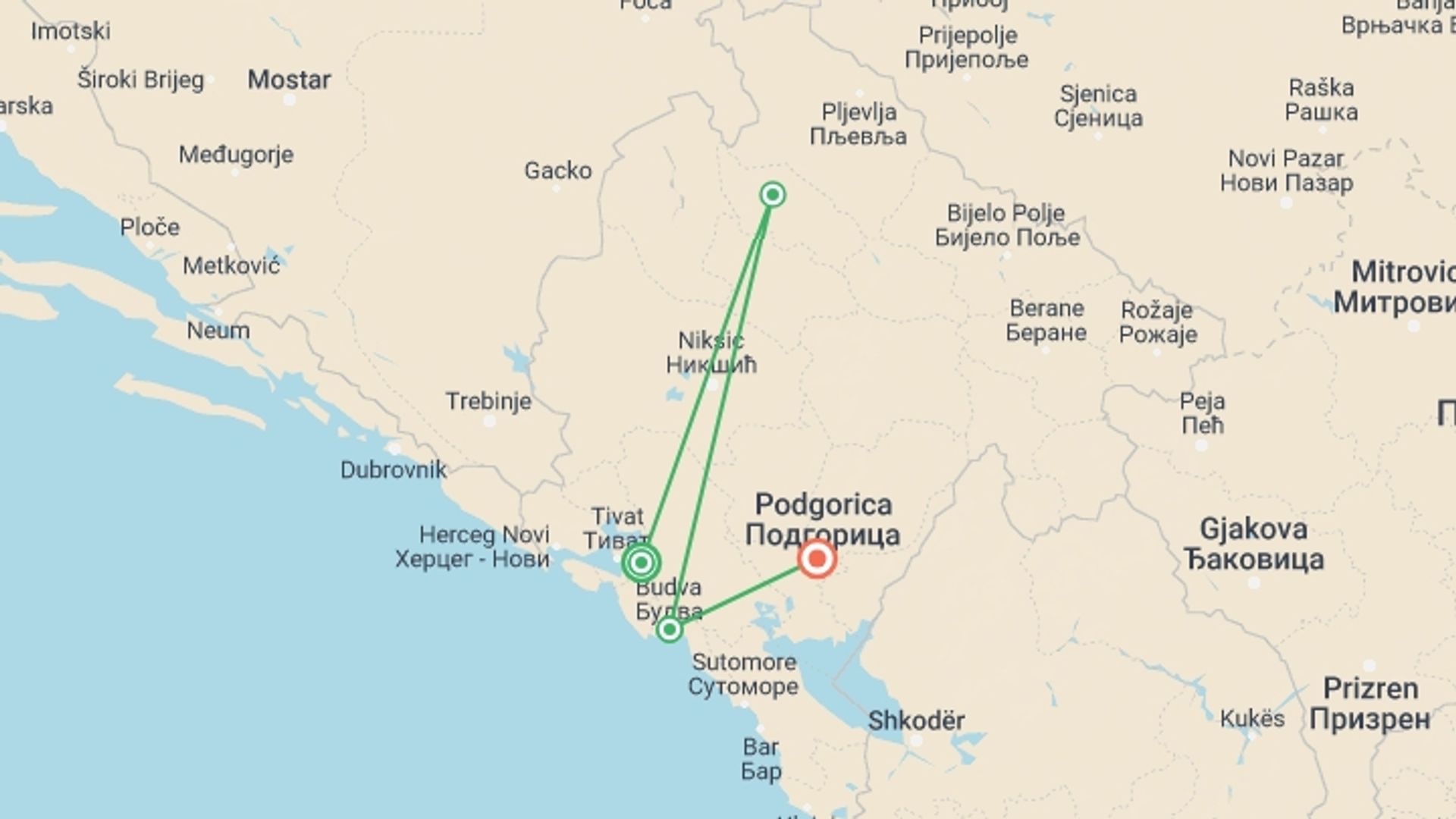 A map showing the tour itinerary for the trip: Montenegro: Medieval Towns & Mountain Views, starting in Kotor, Montenegro and ending in Podgorica, Montenegro going through 2 other destinations.