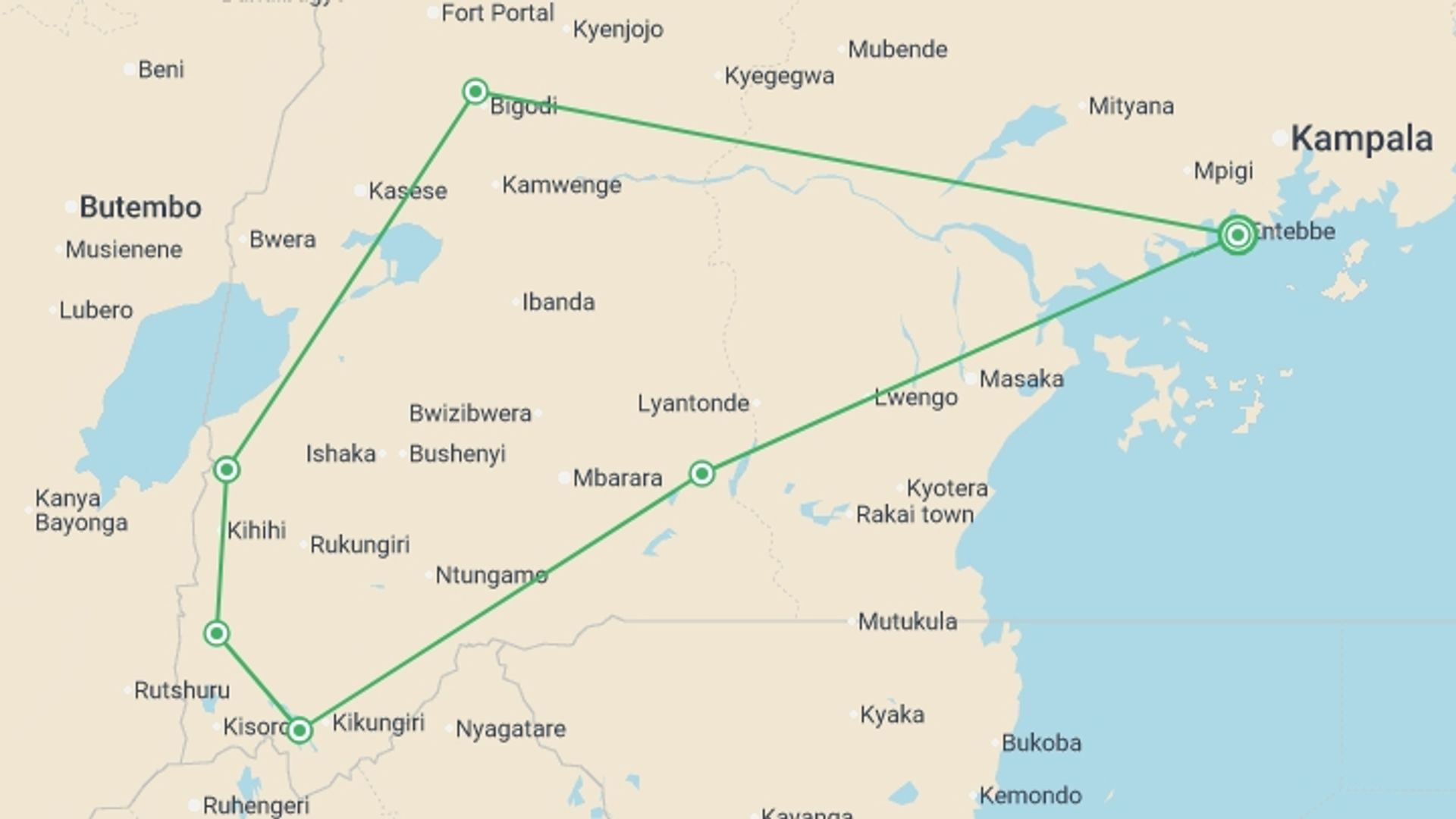 A map showing the tour itinerary for the trip: 8-Day Uganda Vacation Including Chimps & Gorilla Trekking, starting in Entebbe, Uganda and ending in Entebbe, Uganda going through 6 other destinations.
