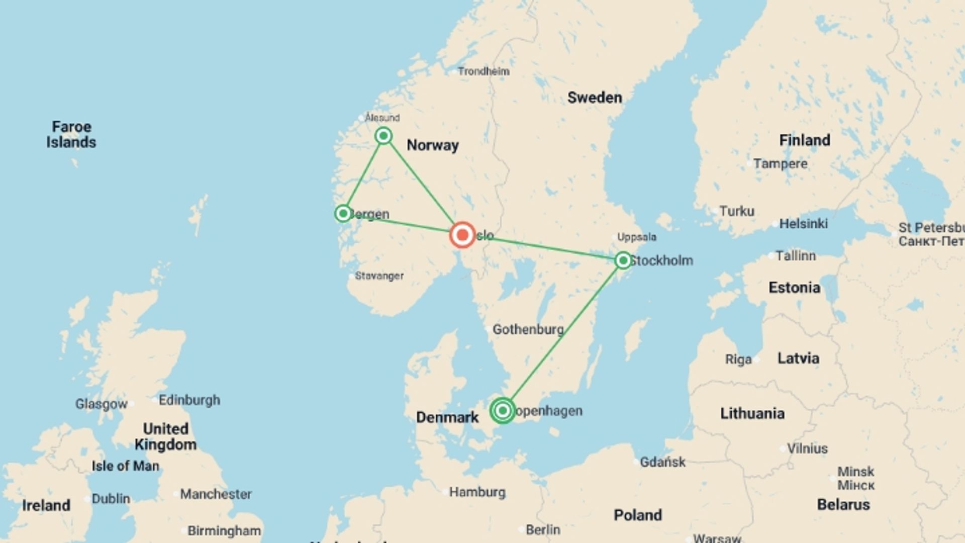 A map showing the tour itinerary for the trip: Timeless Scandinavia, starting in Copenhagen, Denmark and ending in Oslo, Norway going through 3 other destinations.