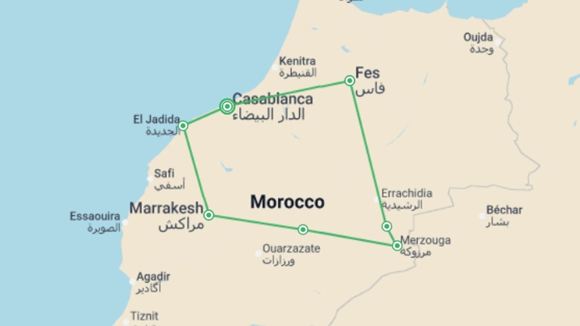 A map showing the tour itinerary for the trip: Best of Morocco, starting in Casablanca, Morocco and ending in Casablanca, Morocco going through 6 other destinations.