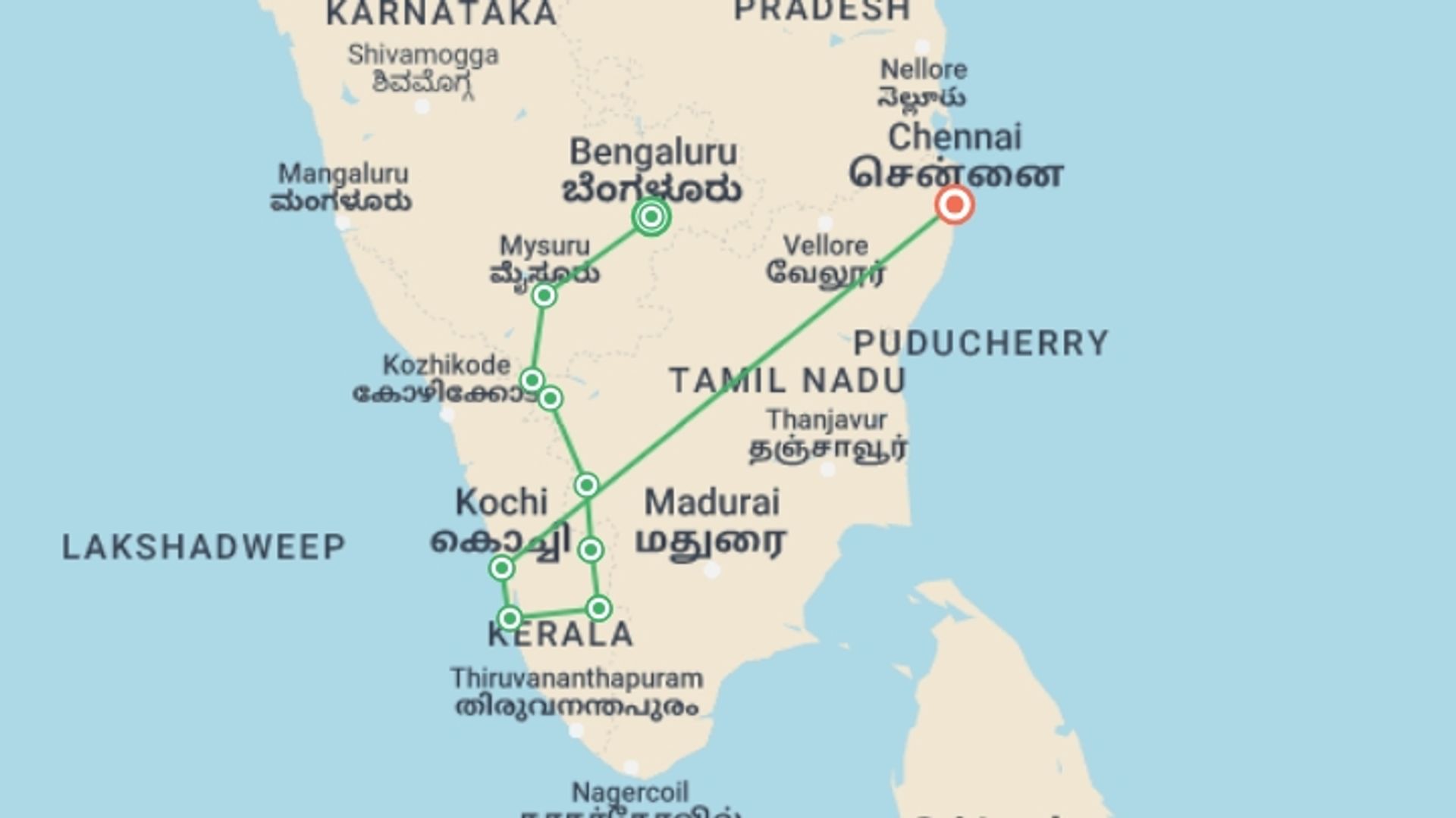 A map showing the tour itinerary for the trip: Bike, Hike & Kayak South India, starting in Bangalore, India and ending in Chennai, India going through 8 other destinations.