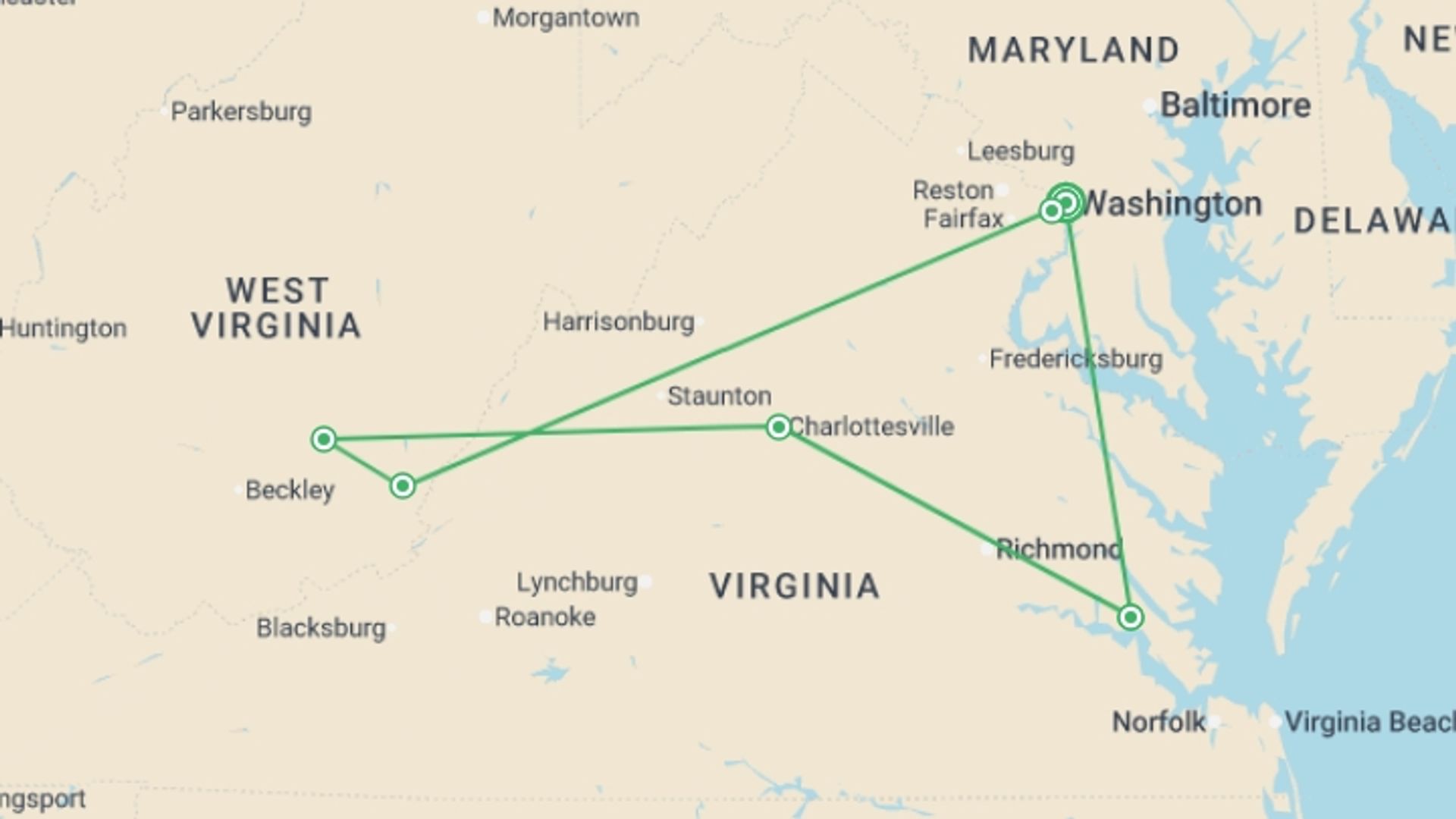 A map showing the tour itinerary for the trip: American Heritage featuring The Greenbrier Resort, starting in Washington D.C., USA and ending in Washington D.C., USA going through 3 other destinations.