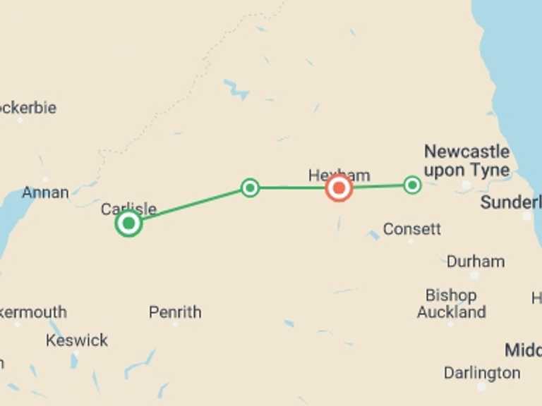 Map itinerary of England Tour in September 2027 with 4 destination visits for the trip: Walk Hadrian's Wall Highlights