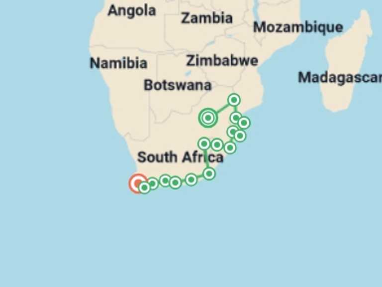 Map itinerary of Africa Tour in February 2026 with 16 destination visits for the trip: Kruger, Coast & Cape