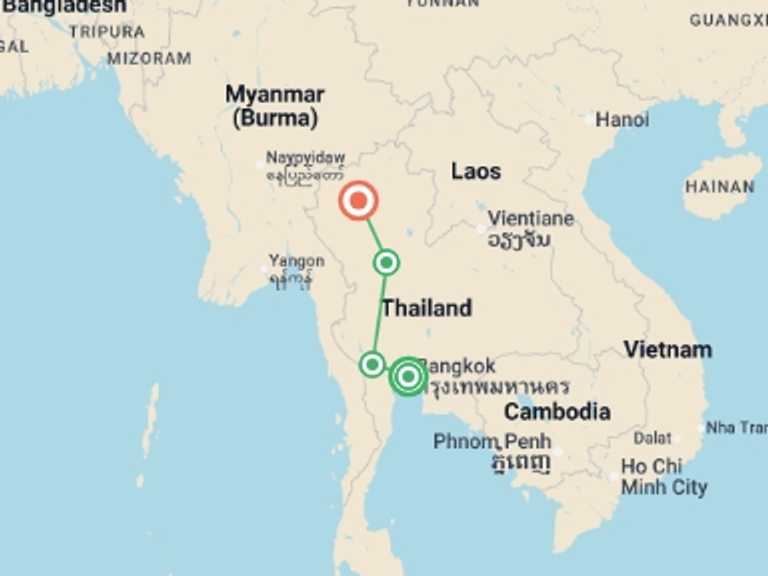 Map itinerary of Thailand Tour in November 2026 with 4 destination visits for the trip: Treasures of Thailand