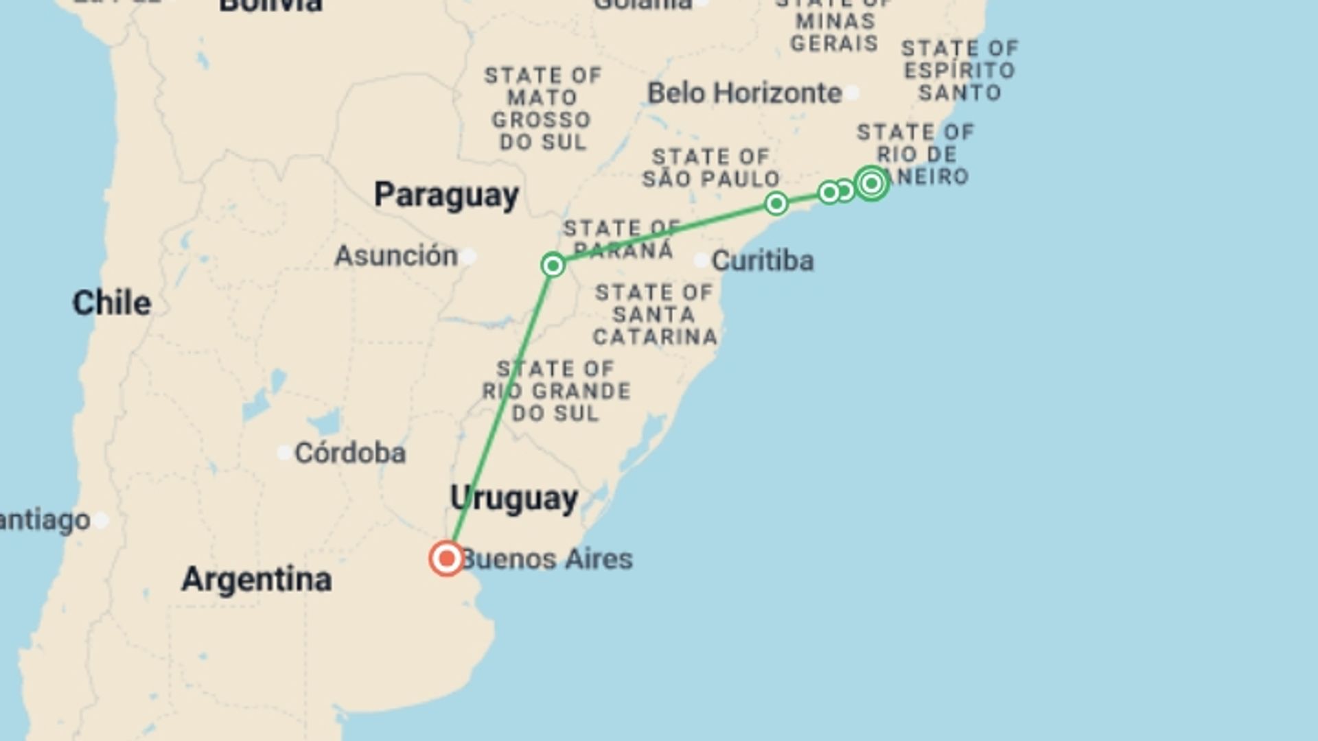 A map showing the tour itinerary for the trip: Rio de Janeiro to Buenos Aires (via Iguazu) Travel Pass, starting in Rio de Janeiro, Brazil and ending in Buenos Aires, Argentina going through 5 other destinations.
