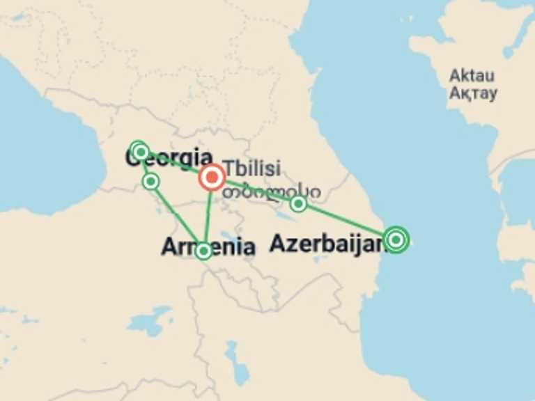 Map of Europe Tour with 7 destination visits for the trip: Azerbaijan Georgia and Armenia Tour (16 Days)