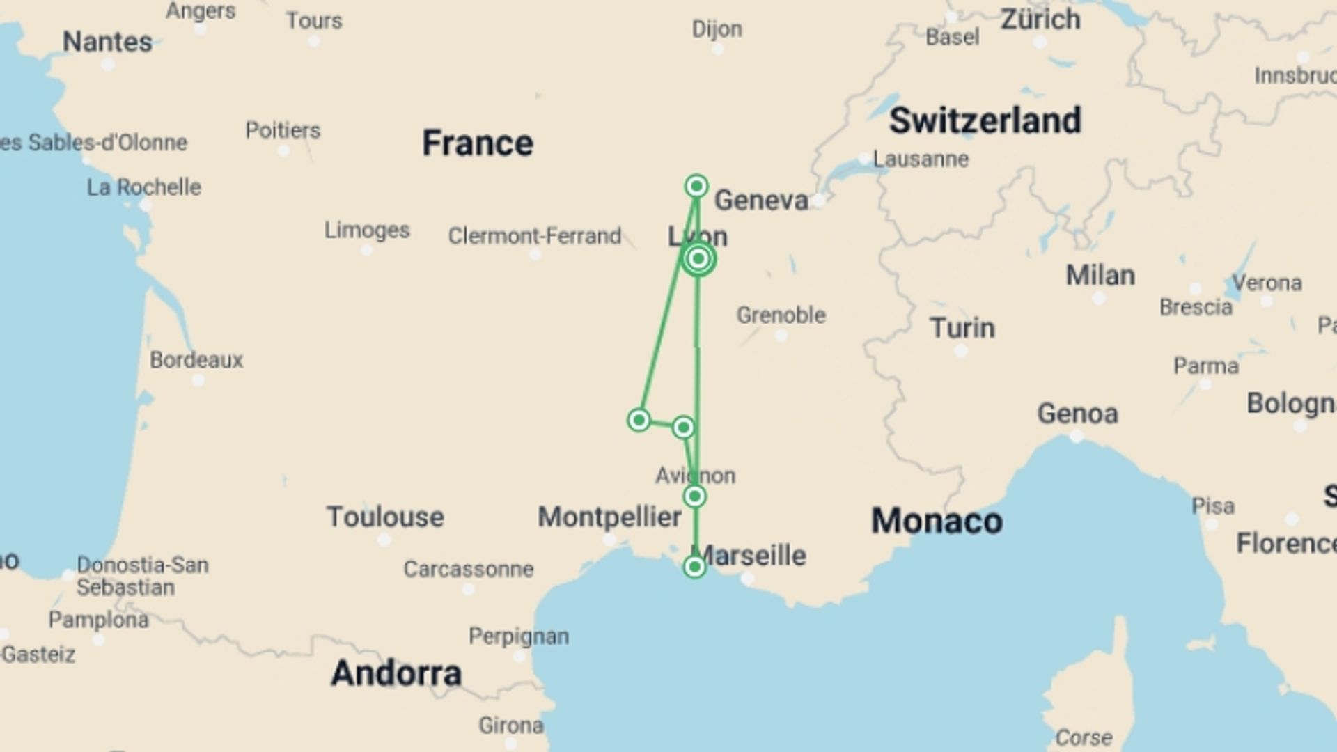 A map showing the tour itinerary for the trip: The tip of Provence to Lyon on the Rhône and Saône Rivers, starting in Lyon, France and ending in Lyon, France going through 6 other destinations.