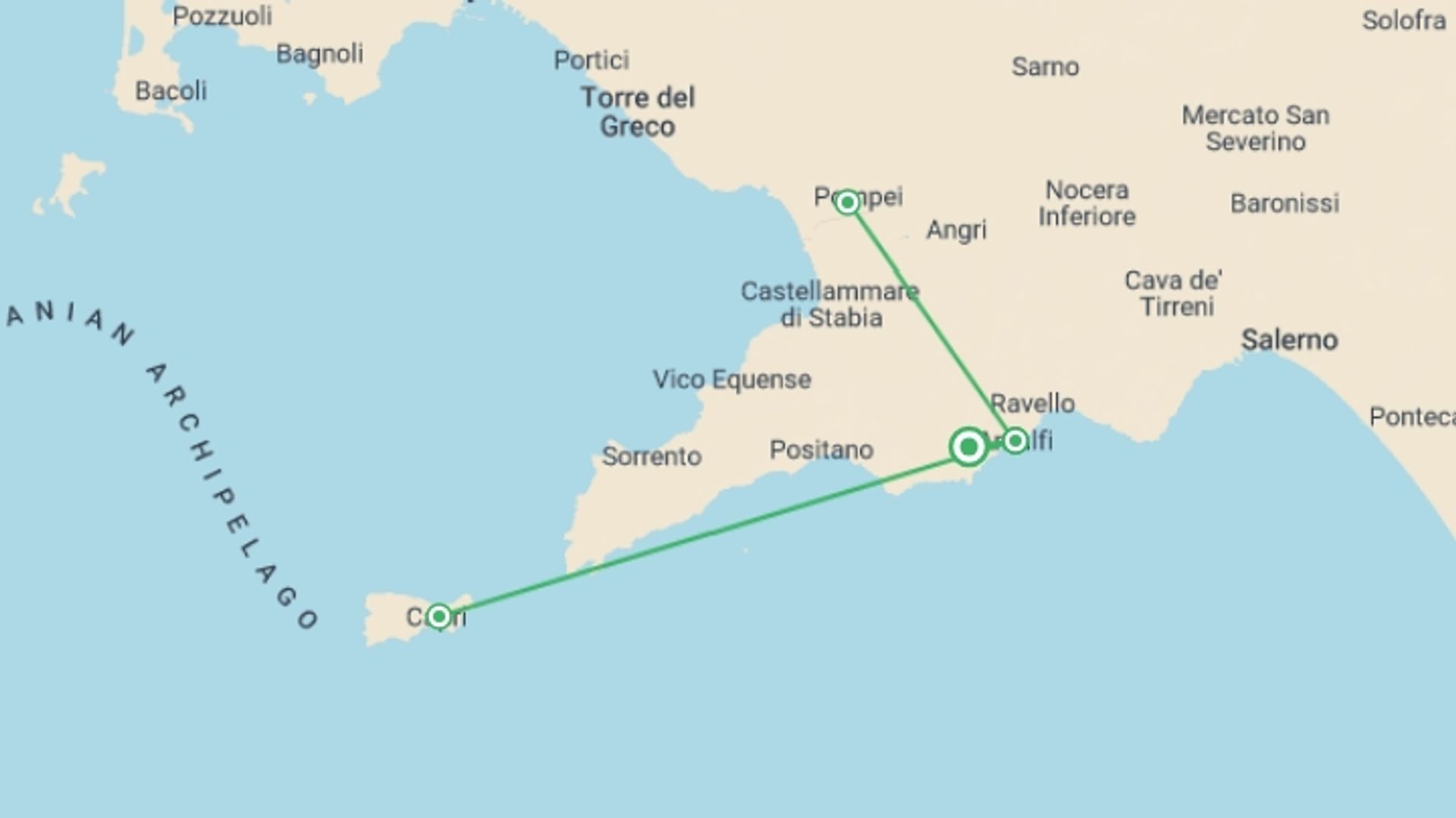 A map showing the tour itinerary for the trip: Discovering Amalfi Coast, starting in Amalfi Coast & Campania, Italy and ending in Amalfi Coast & Campania, Italy going through 1 other destinations.