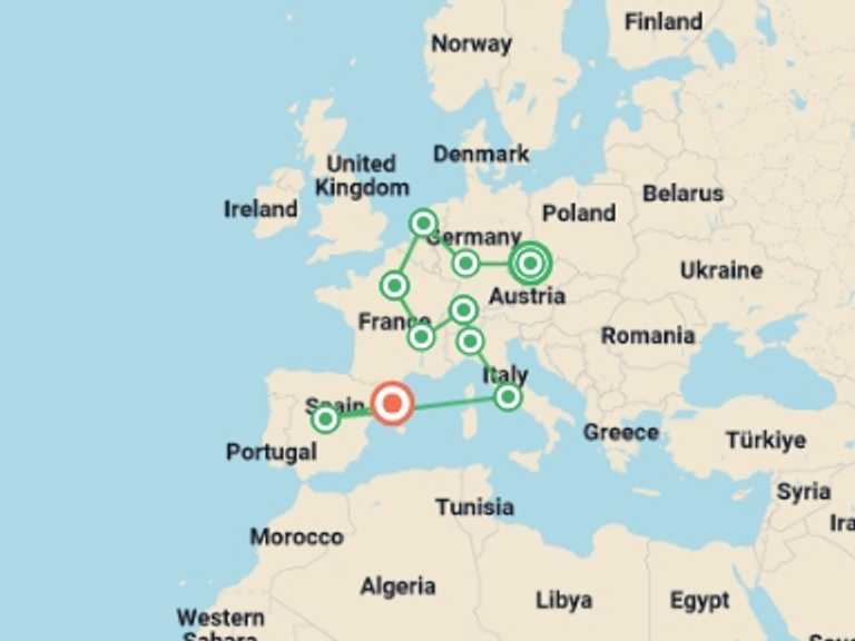 Map itinerary of Europe Tour in July 2026 with 10 destination visits for the trip: European Bliss GO