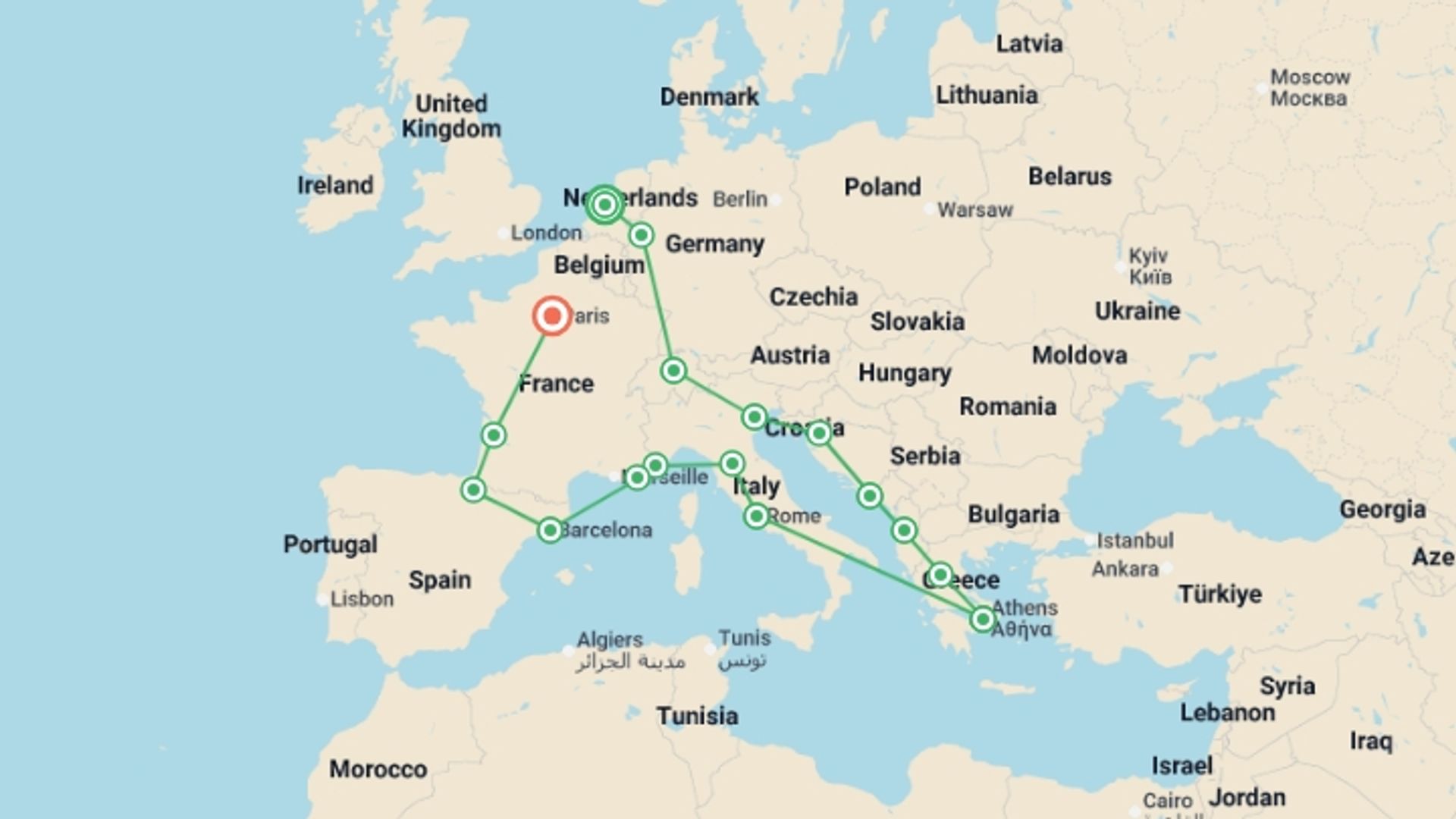 A map showing the tour itinerary for the trip: European Discoverer, starting in Amsterdam, Holland and ending in Paris, France going through 16 other destinations.