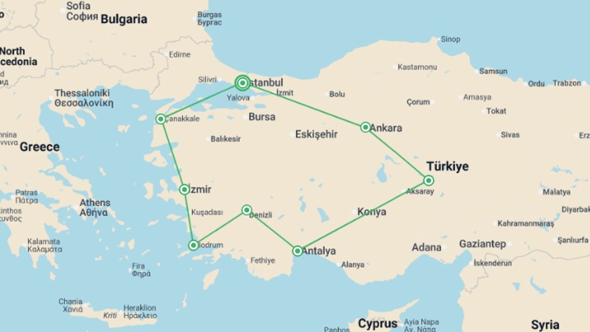 A map showing the tour itinerary for the trip: Glories of Turkey - Small Group Tour, starting in Istanbul, Turkey and ending in Istanbul, Turkey going through 7 other destinations.