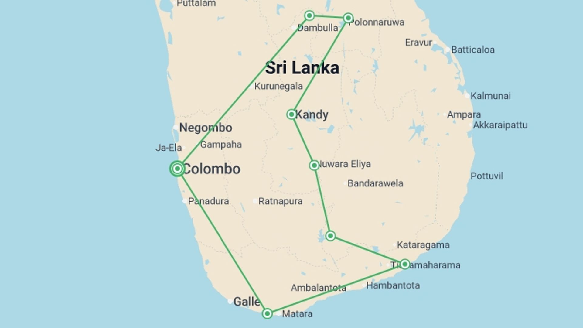 A map showing the tour itinerary for the trip: Wild About Sri Lanka - 10 days, starting in Colombo, Sri Lanka and ending in Colombo, Sri Lanka going through 7 other destinations.