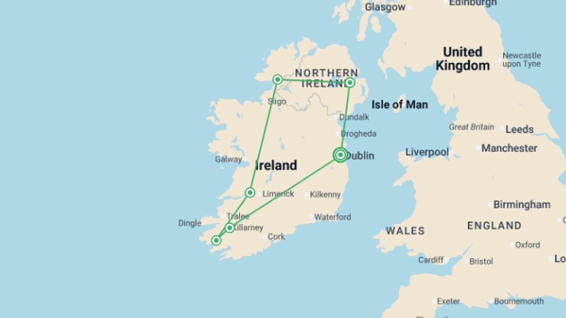 A map showing the tour itinerary for the trip: Irish Wonder, starting in Dublin, Ireland and ending in Dublin, Ireland going through 4 other destinations.